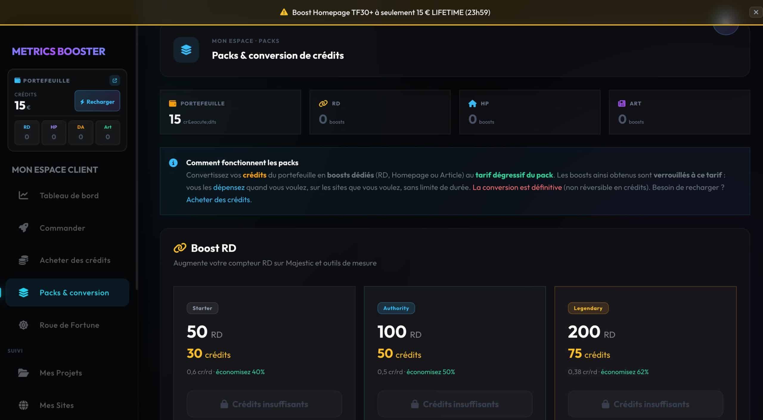 MetricsBooster : packs de crédits et wallet prépayé