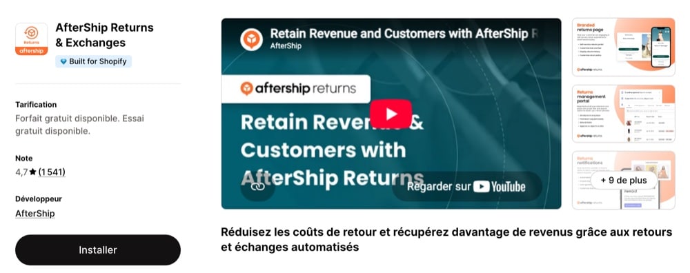 Fiche AfterShip Returns sur le Shopify App Store
