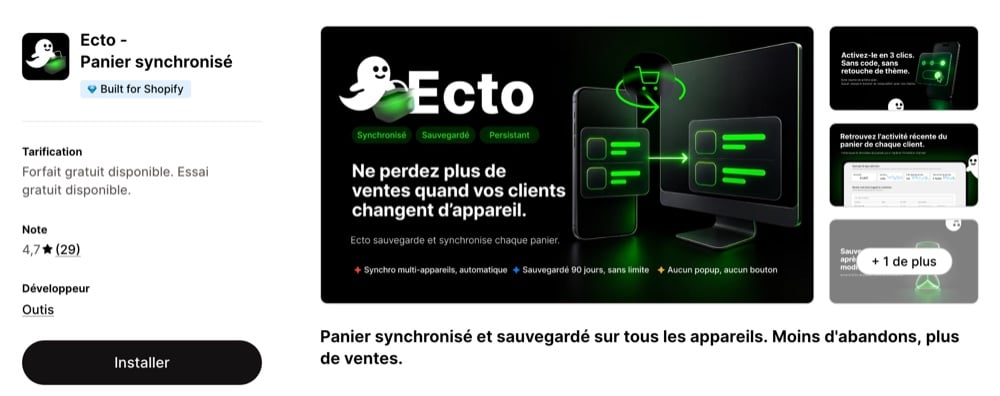 Fiche Ecto panier synchronise sur le Shopify App Store