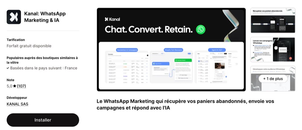 Fiche Kanal WhatsApp Marketing sur le Shopify App Store