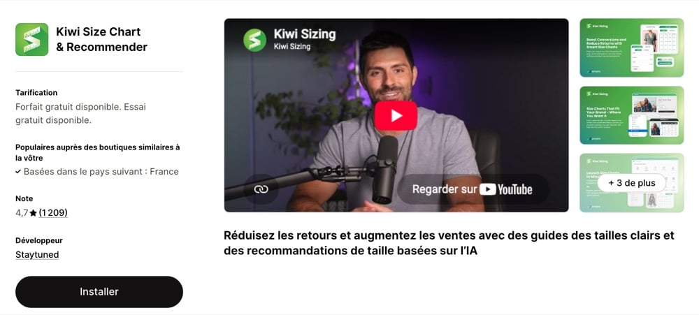 Fiche Kiwi Size Chart sur le Shopify App Store
