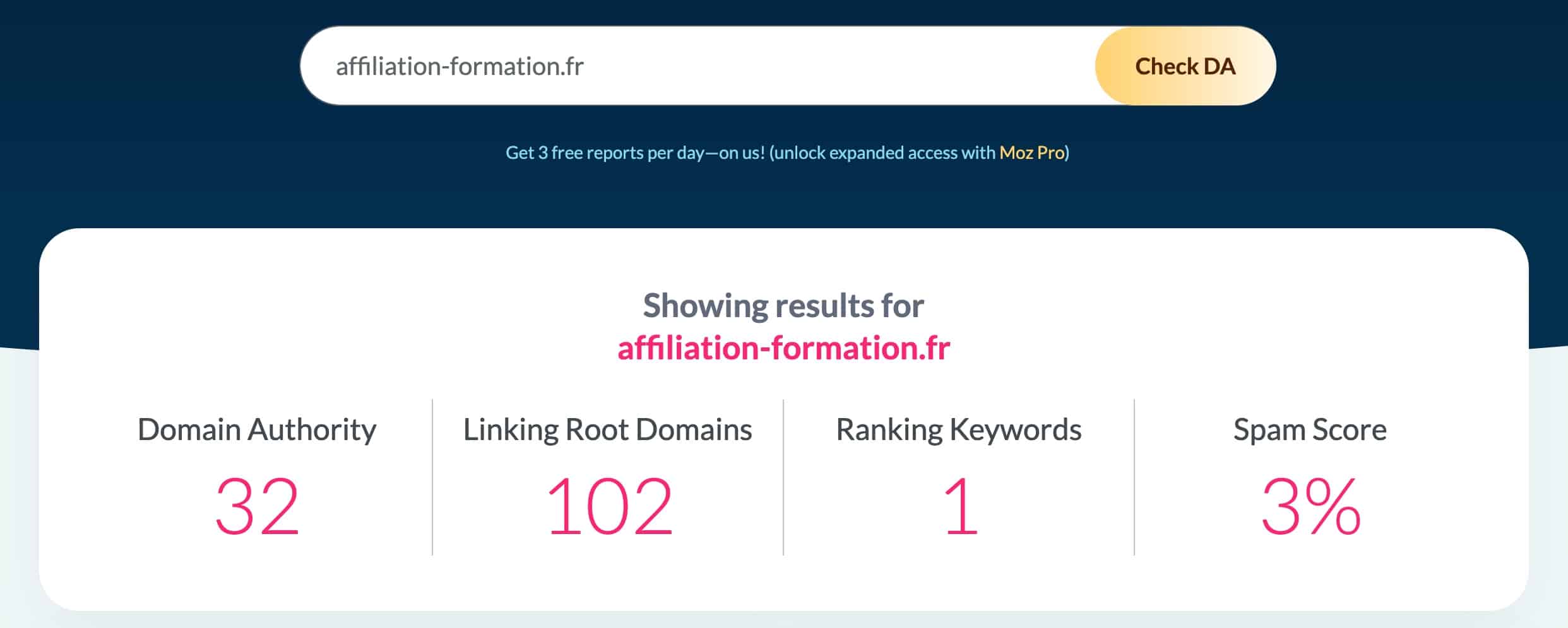 Après le Boost DA30+ MetricsBooster : Domain Authority 32 et 102 domaines référents