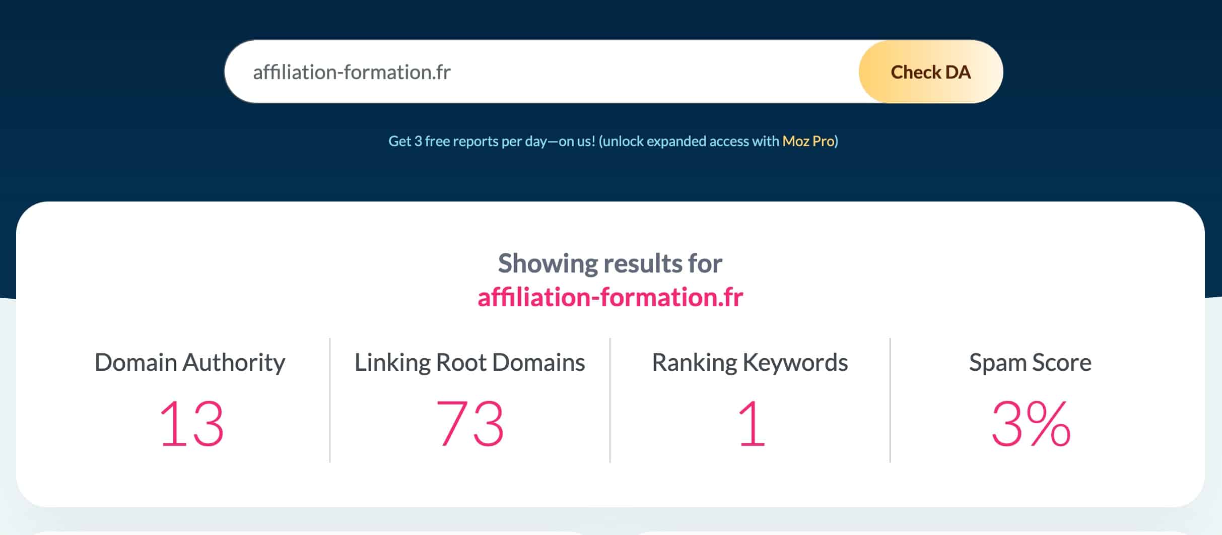 Avant le Boost DA30+ MetricsBooster : Domain Authority 13 et 73 domaines référents