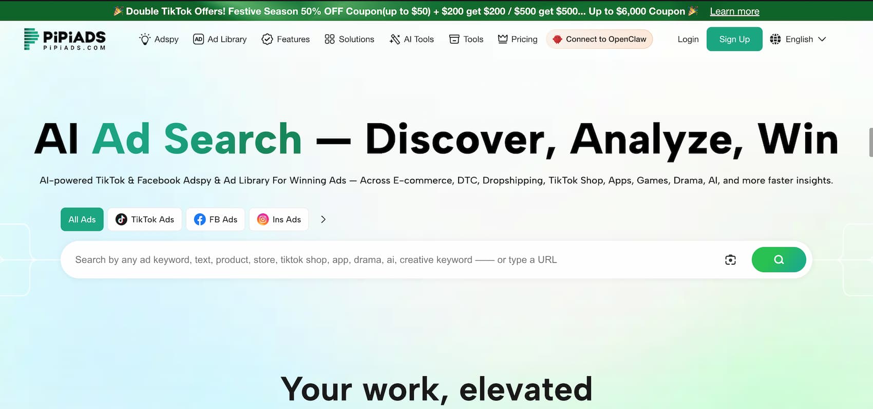 Page d'accueil de PipiAds, avec ses filtres TikTok Ads, Facebook Ads et Instagram Ads