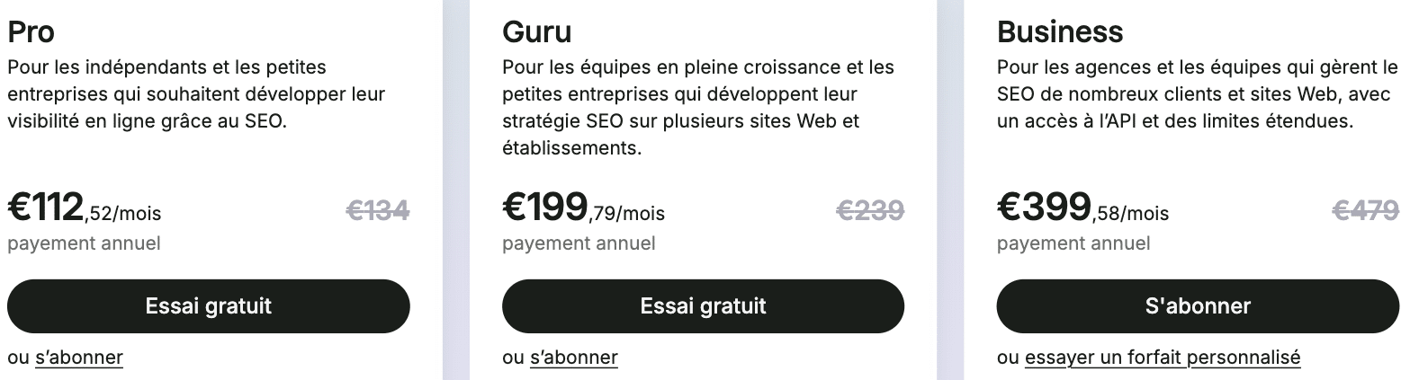 Forfaits SEO classiques de Semrush : Pro, Guru et Business, avec leurs prix mensuels et annuels en euros