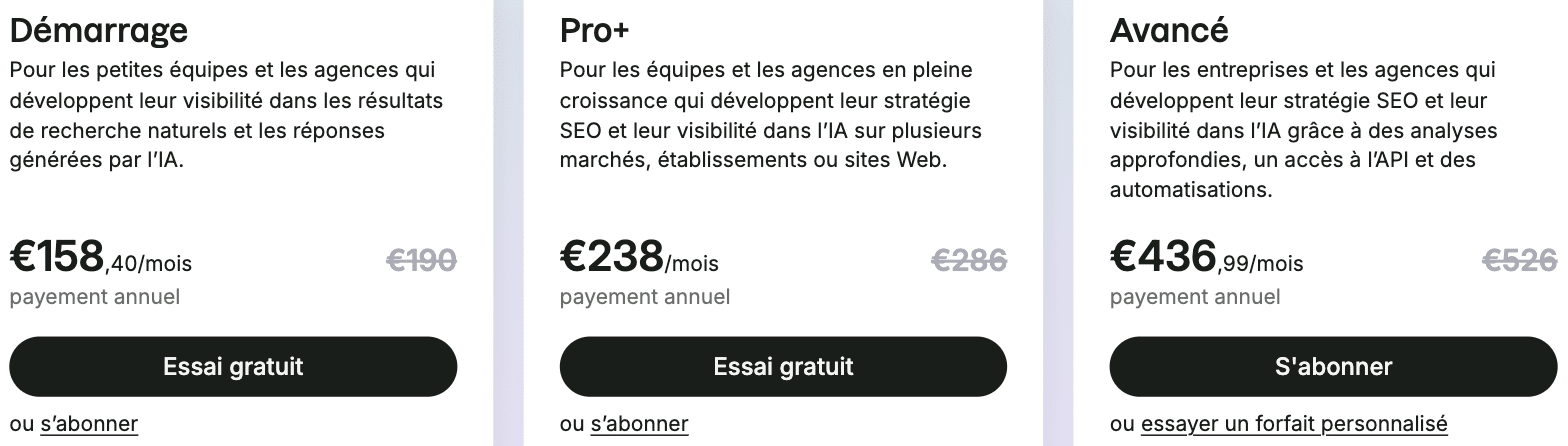 Forfaits Semrush One : Démarrage, Pro+ et Avancé, avec leurs prix mensuels et annuels en euros