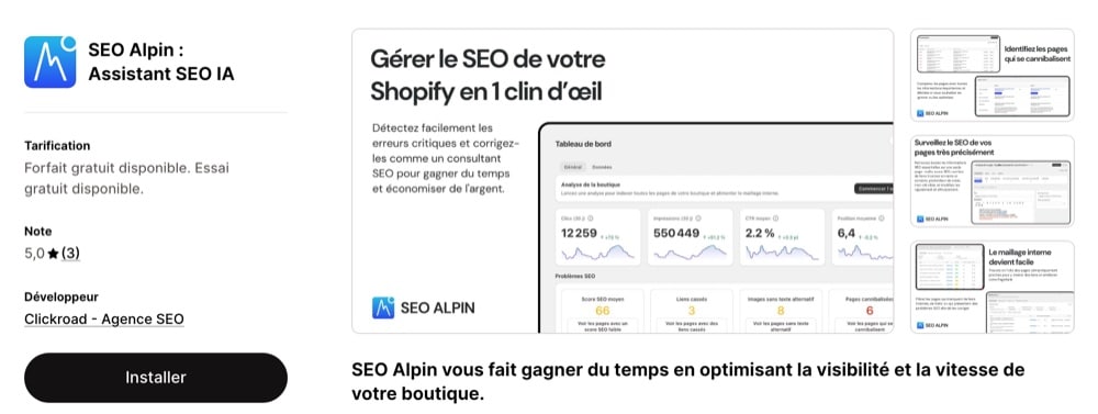 Fiche SEO Alpin sur le Shopify App Store