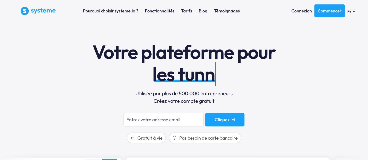Page d'accueil de Systeme.io présentant la plateforme tout-en-un