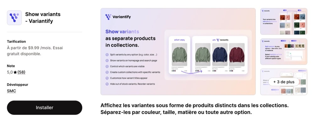 Fiche Variantify sur le Shopify App Store