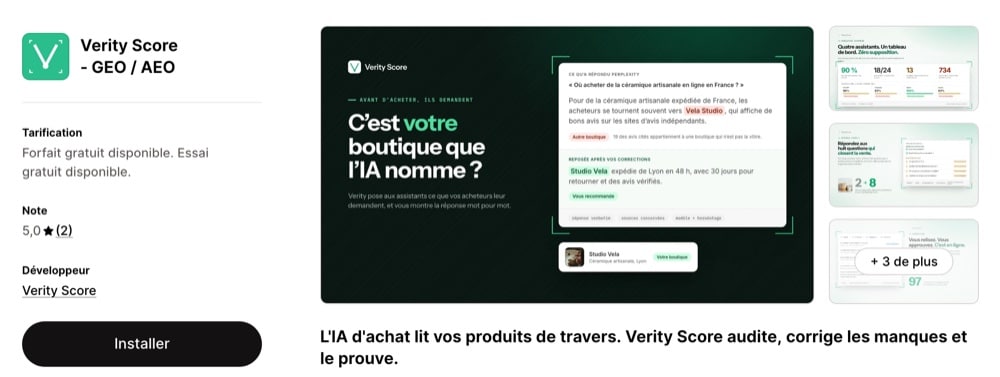 Fiche Verity Score sur le Shopify App Store