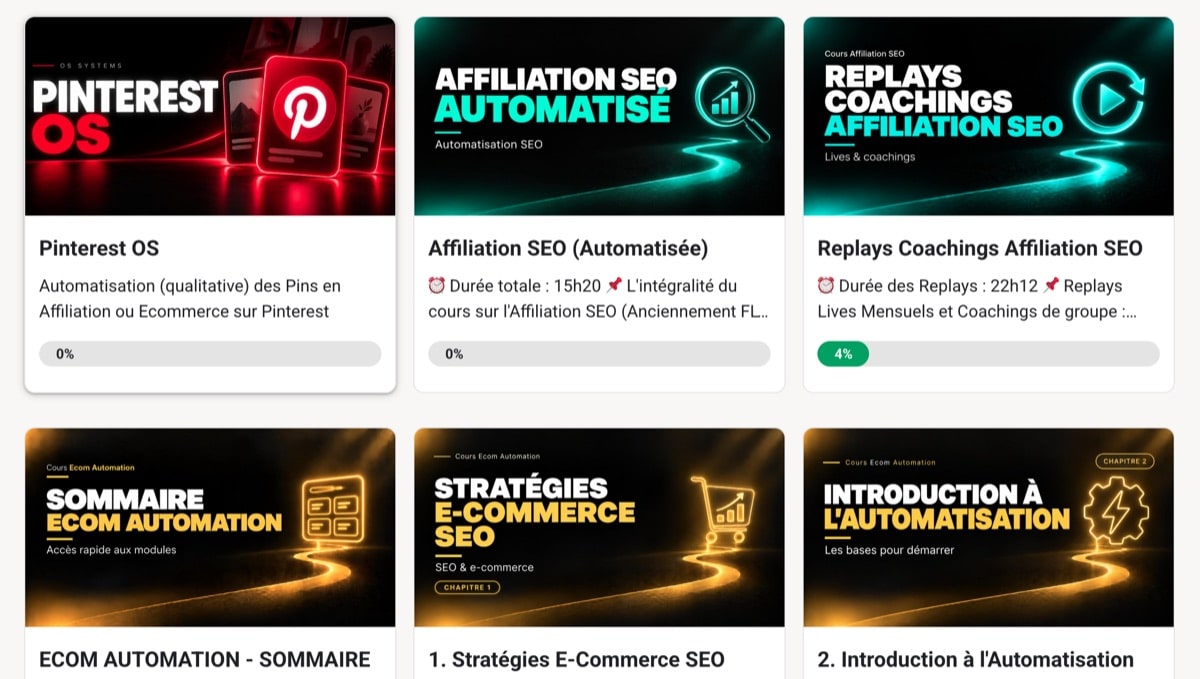 Les cours de l'Affiseo Hub sur Skool en octobre 2026, avec Pinterest OS et le cours Affiliation SEO automatisée